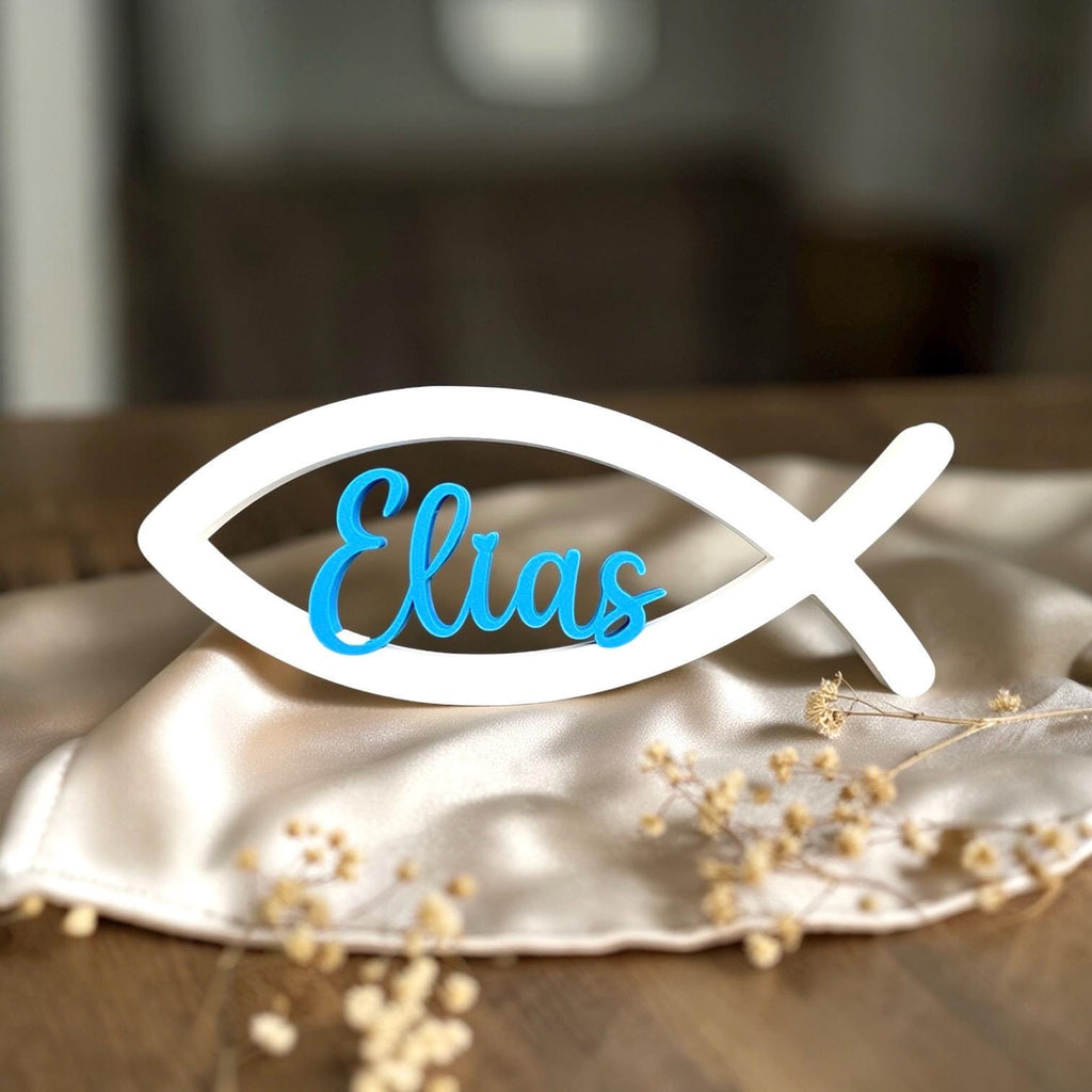 Personalisierter Fisch mit Name zur Taufe, Kommunion & Konfirmation | Christliche Tischdeko aus 3D-Druck