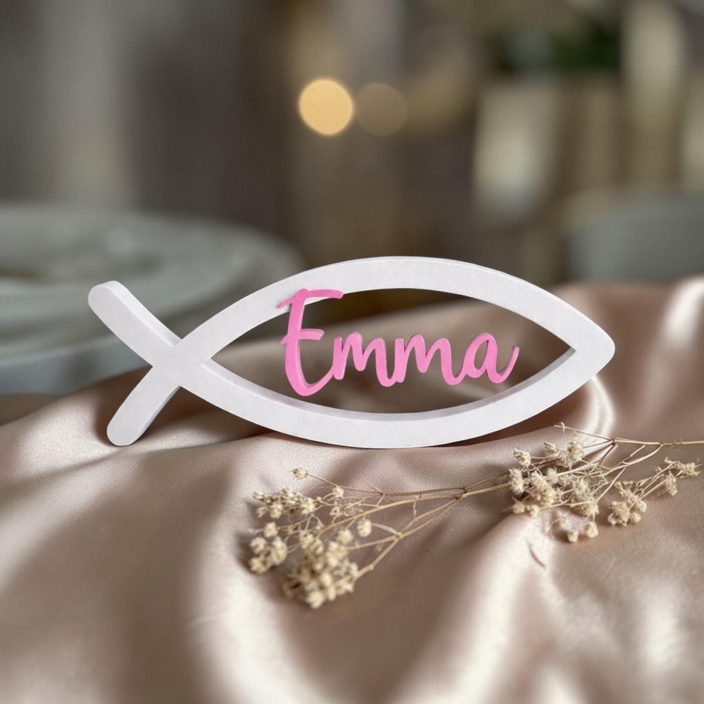 Personalisierter Fisch mit Name zur Taufe, Kommunion & Konfirmation | Christliche Tischdeko aus 3D-Druck