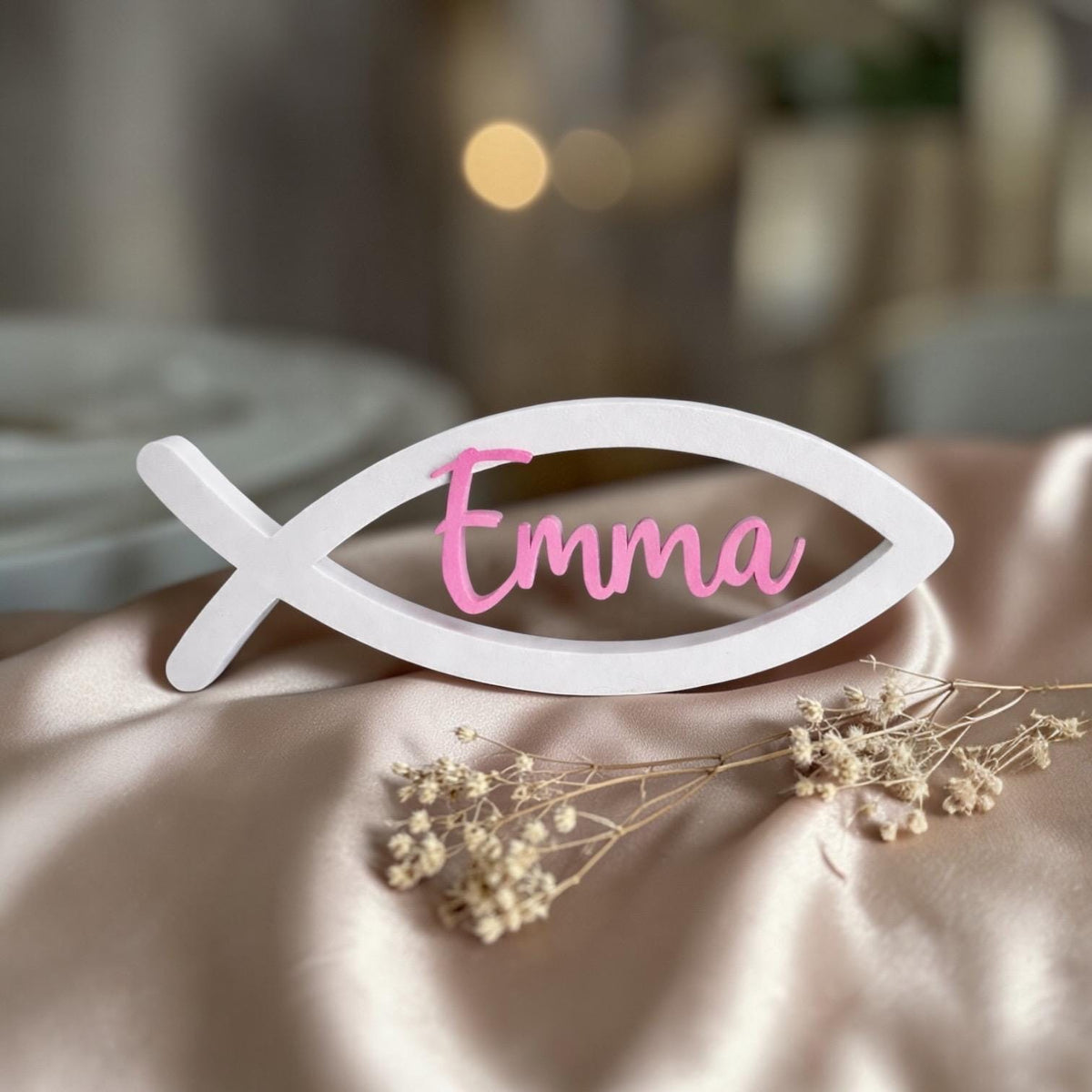 Personalisierter Fisch mit Name zur Taufe, Kommunion & Konfirmation | Christliche Tischdeko aus 3D-Druck
