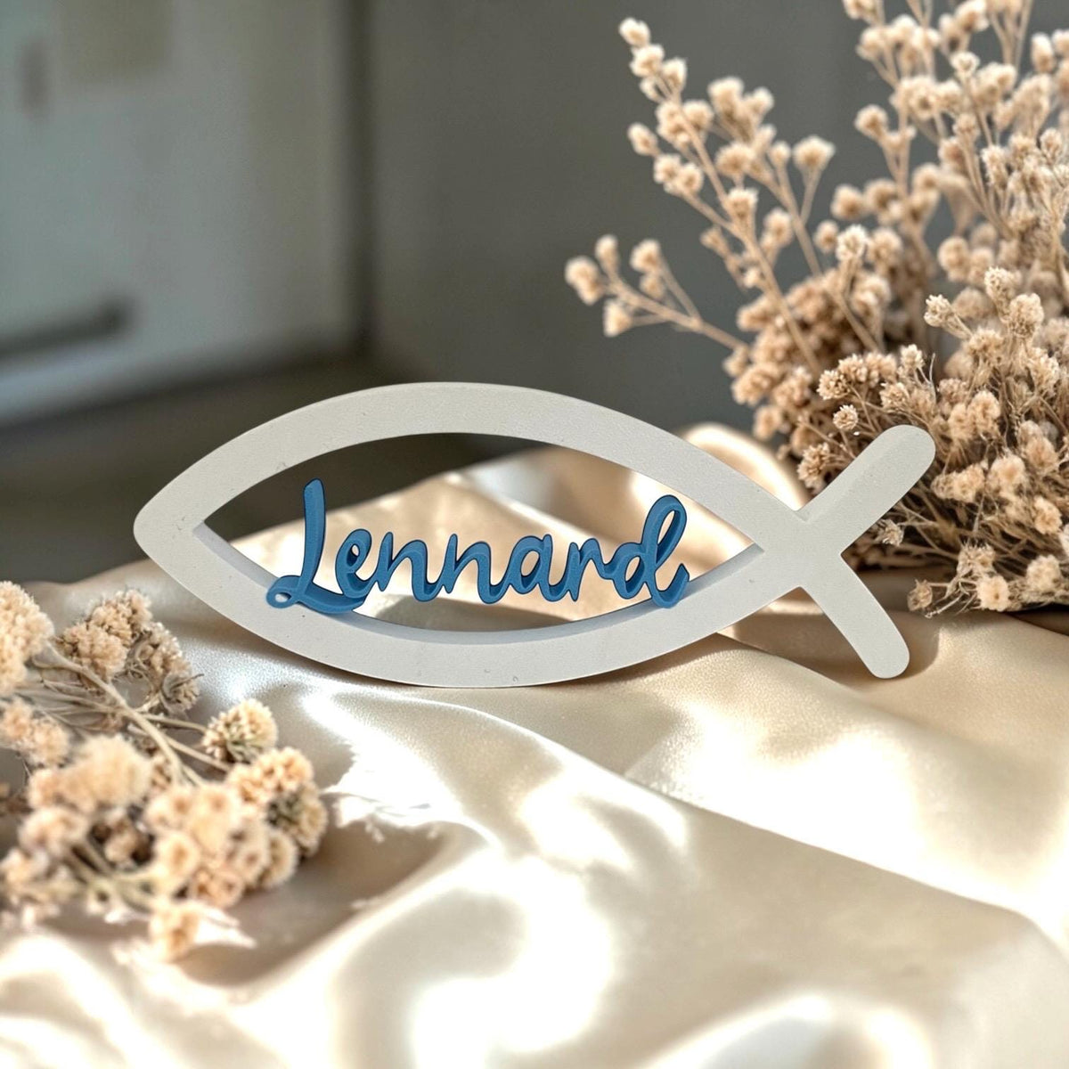 Personalisierter Fisch mit Name zur Taufe, Kommunion & Konfirmation | Christliche Tischdeko aus 3D-Druck