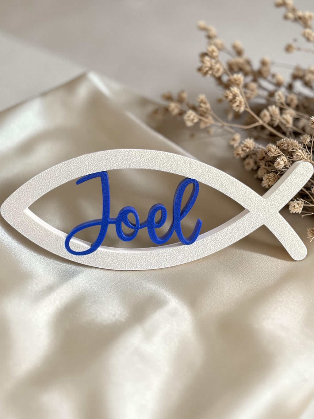 Personalisierter Fisch mit Name zur Taufe, Kommunion & Konfirmation | Christliche Tischdeko aus 3D-Druck