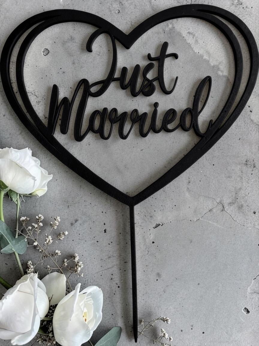 Just Married Cake Topper Herz | Hochzeitstorte Deko aus dem 3D Drucker | Moderner Caketopper Hochzeit