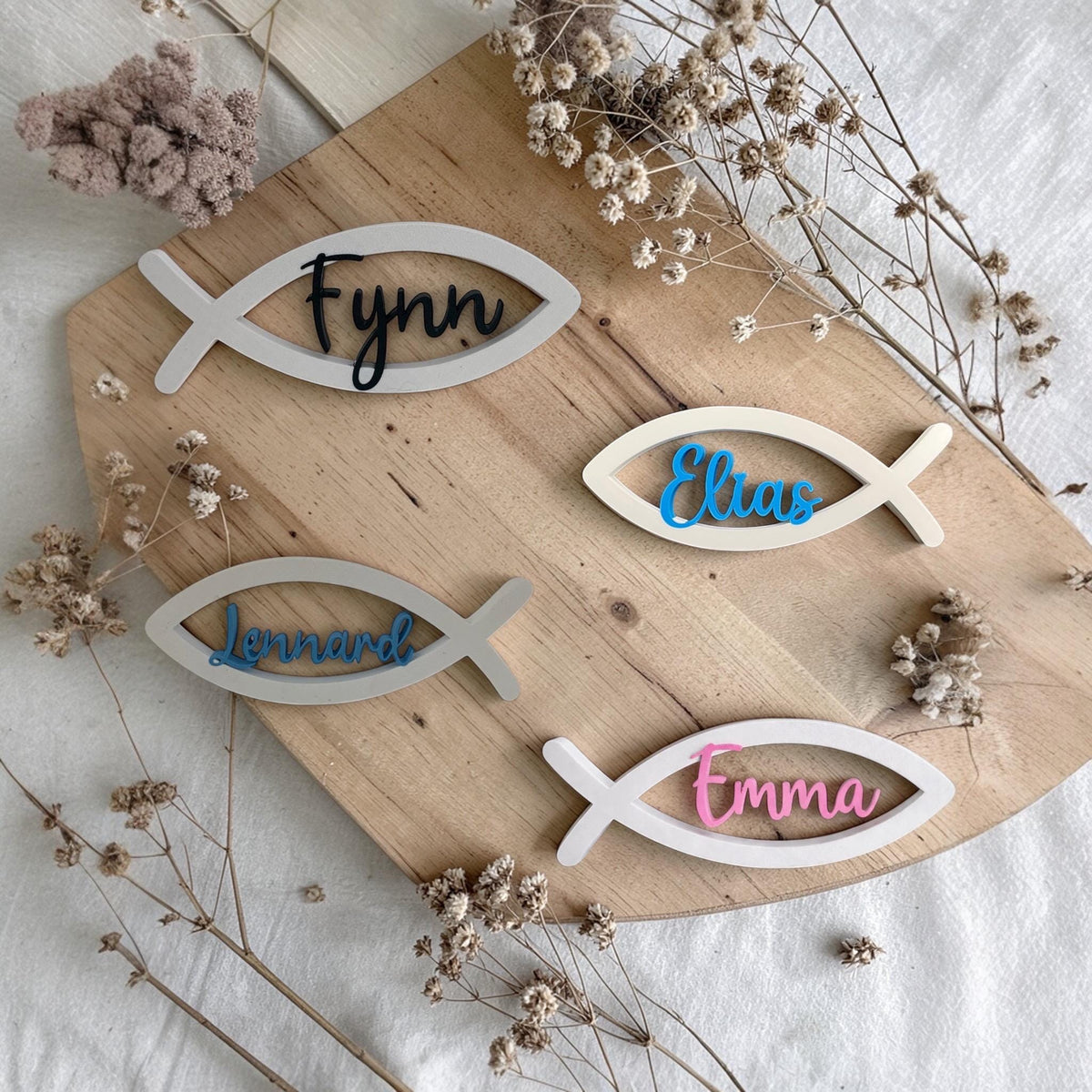 Personalisierter Fisch mit Name zur Taufe, Kommunion & Konfirmation | Christliche Tischdeko aus 3D-Druck