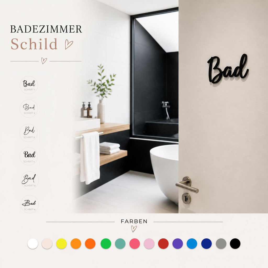 Bad Türschild personalisiert | Modernes Badezimmer Schild aus 3D Druck | Minimalistische Badezimmer Deko