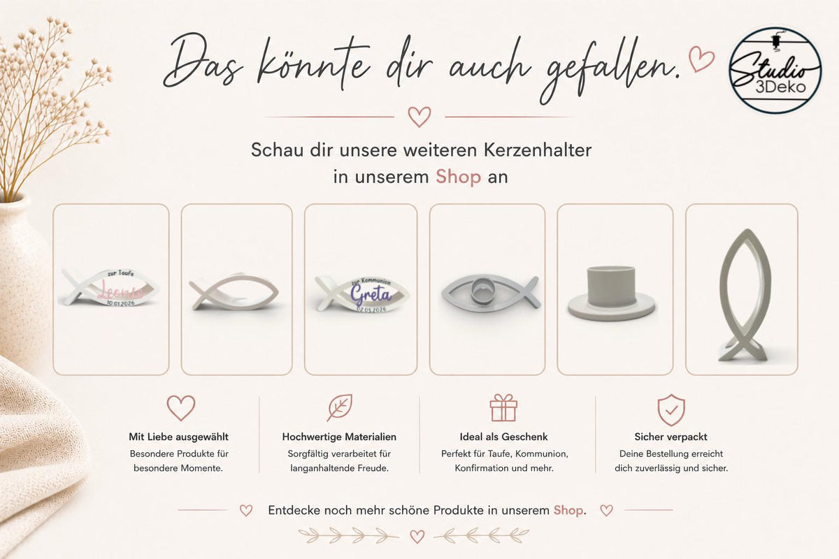 Minimalistischer Kerzenhalter für Taufe, Kommunion & Konfirmation | 3D Druck | Modernes Taufgeschenk | Halter für Kerze 