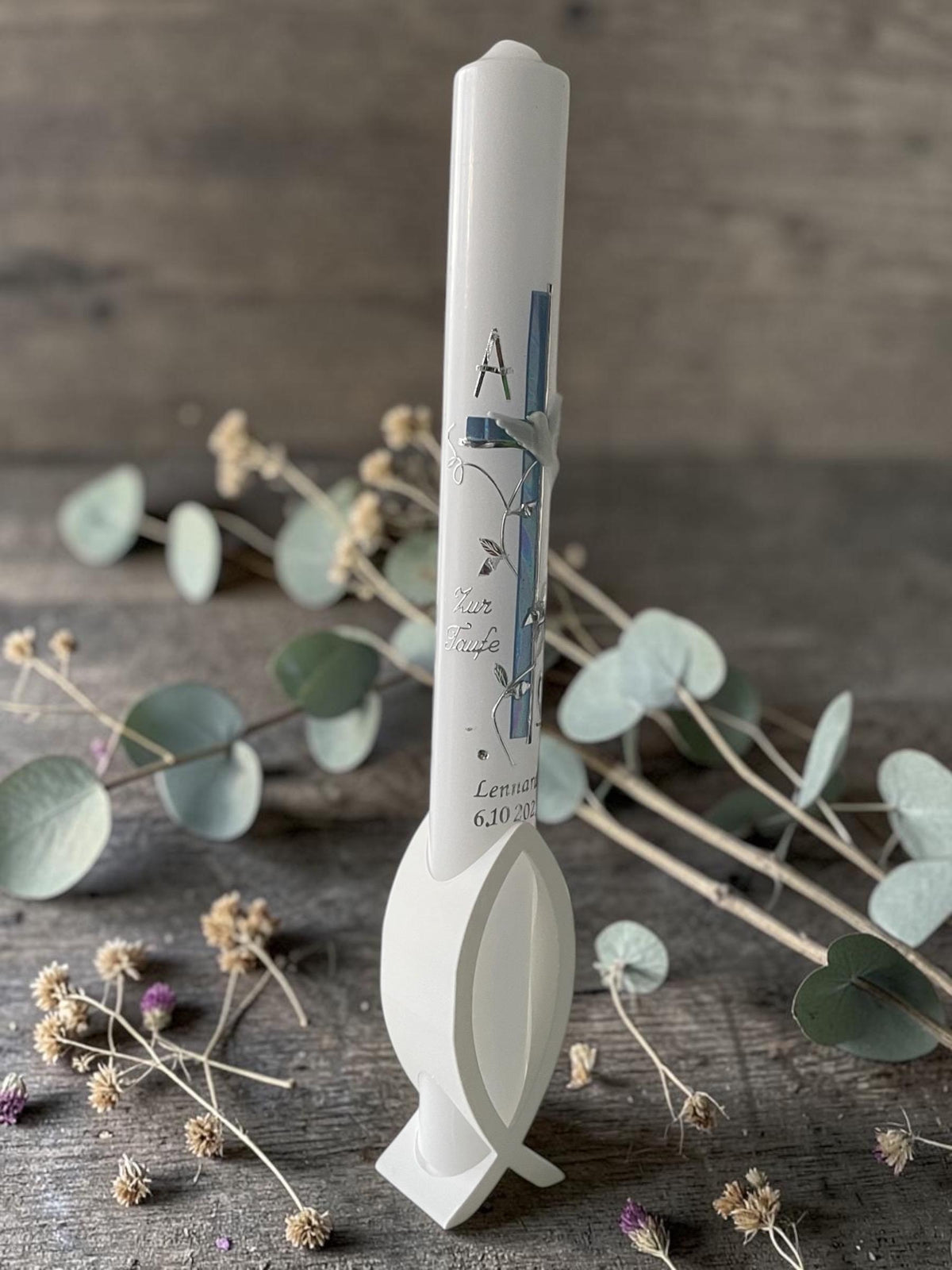 Kerzenständer Ichthys Design für Taufe, Kommunion & Konfirmation | Geschenkidee | personalisierbar