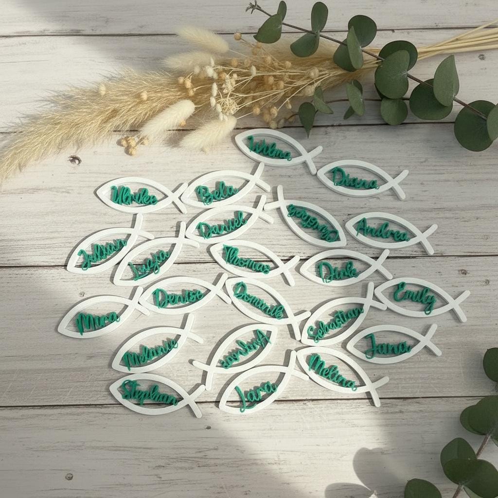 Platzkarten Taufe personalisiert | Fisch Namensschilder für Kommunion, Konfirmation & Hochzeit