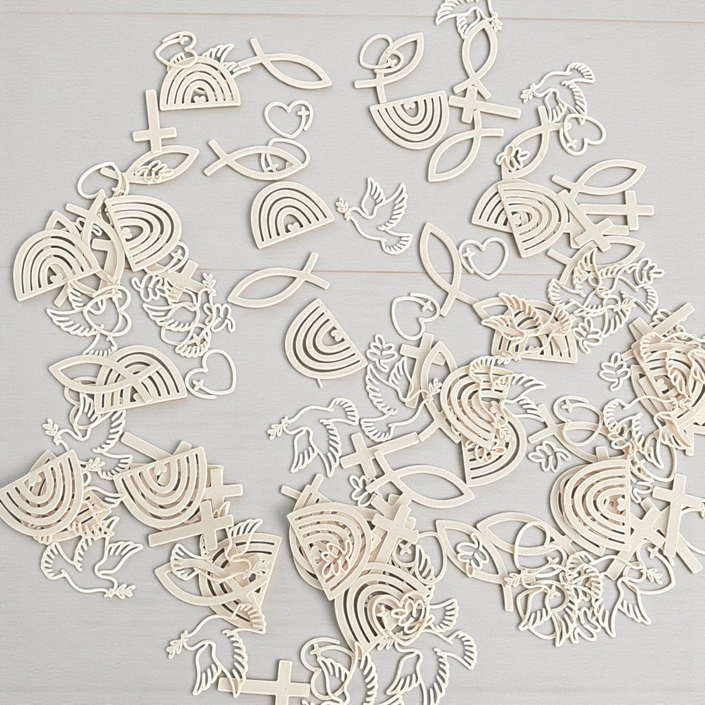 Streudeko Taufe Kommunion Konfirmation 3D Druck | Christliche Tischdeko Fisch Kreuz Taube Regenbogen | Deko Set Modern B