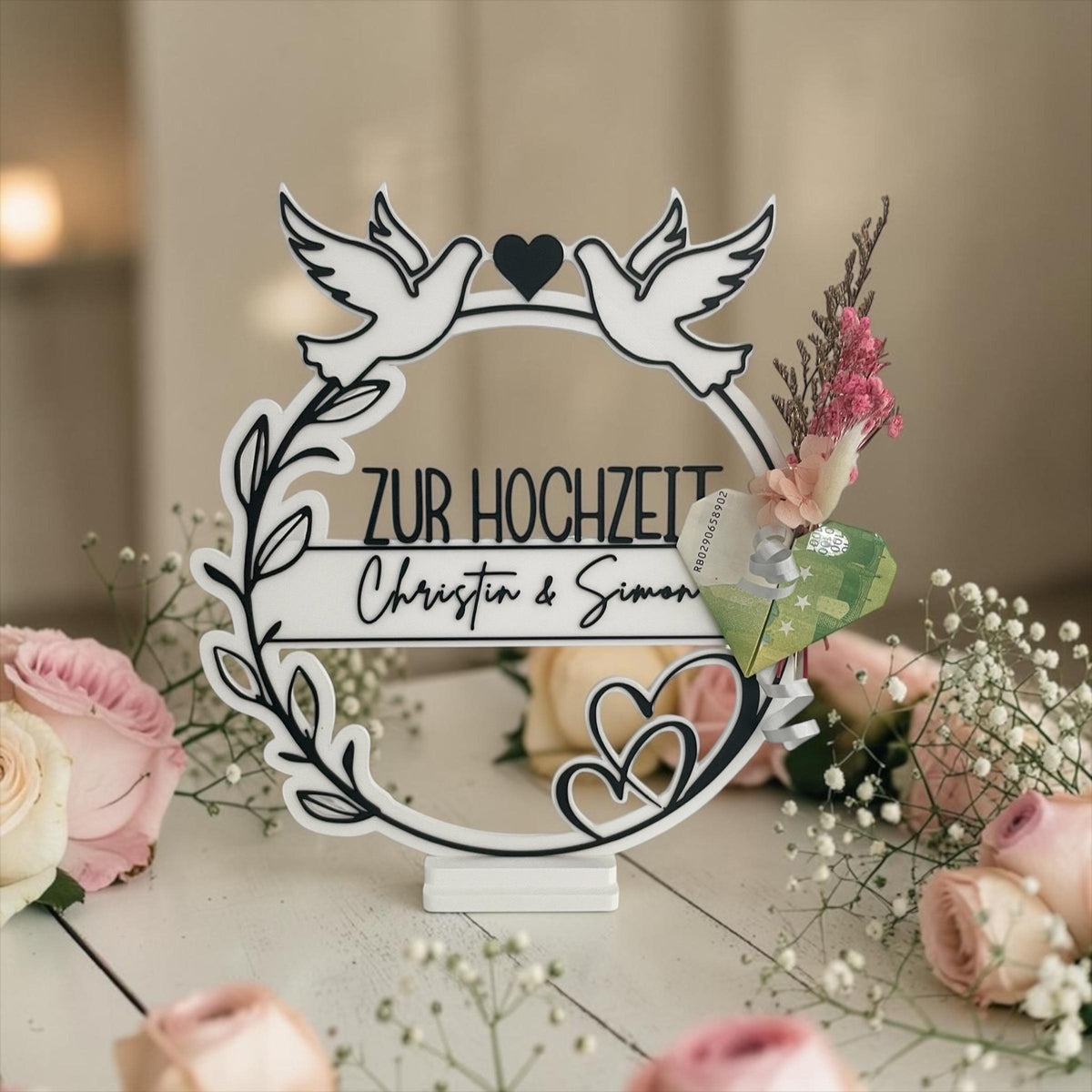 Geldgeschenk Hochzeit personalisiert | 3D Druck Geldhalter mit Namen | Hochzeitsgeschenk Tauben Herz | Geschenk Brautpaa