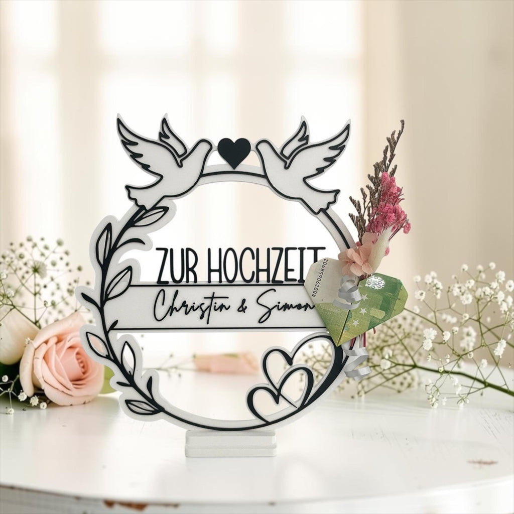 Geldgeschenk Hochzeit personalisiert | 3D Druck Geldhalter mit Namen | Hochzeitsgeschenk Tauben Herz | Geschenk Brautpaa