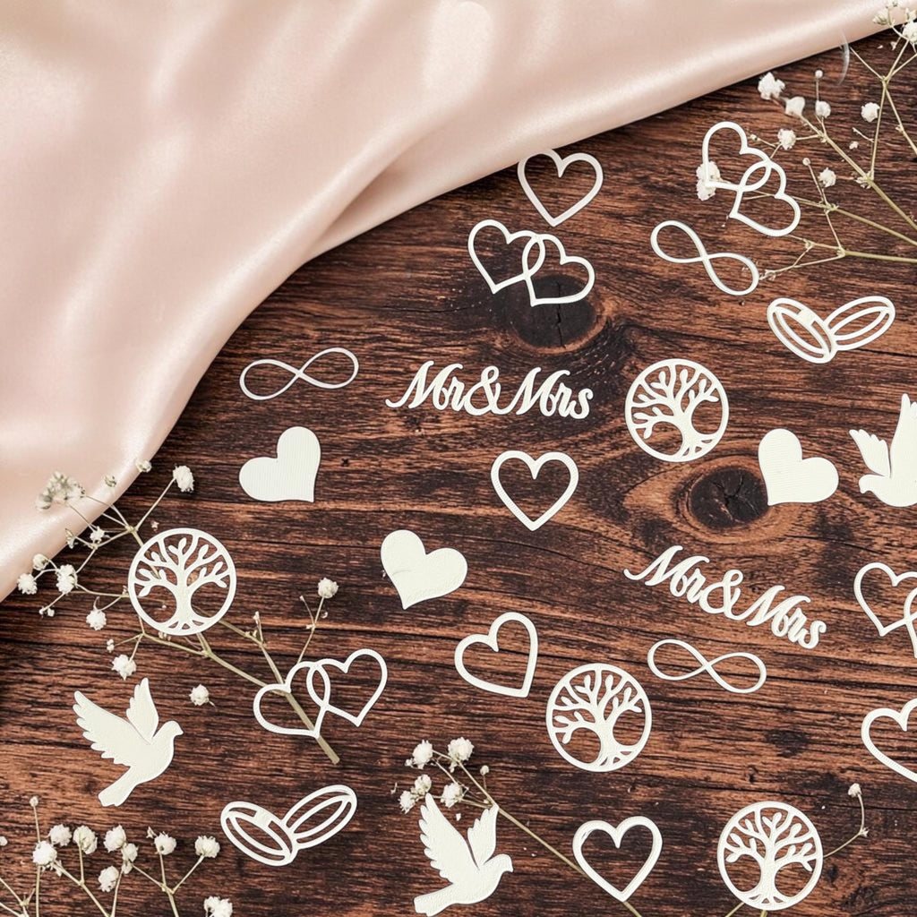 Streudeko Hochzeit 3D Druck | Tischdeko Hochzeit Herzen Ringe Mr & Mrs | Hochzeitsdeko Boho Vintage | Konfetti