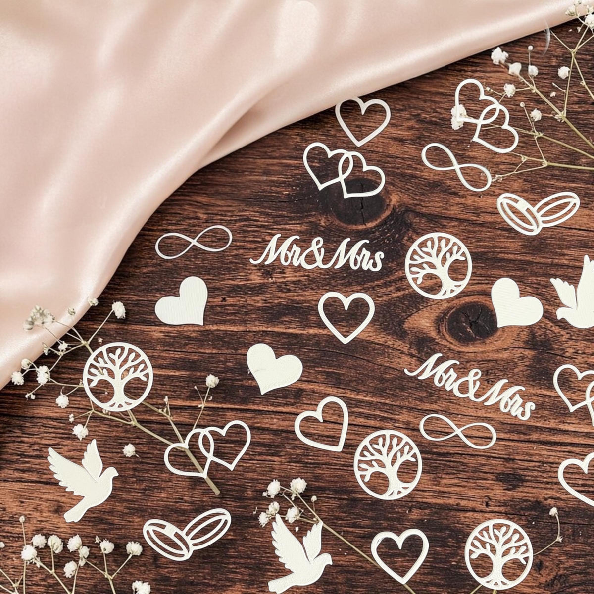 Streudeko Hochzeit 3D Druck | Tischdeko Hochzeit Herzen Ringe Mr & Mrs | Hochzeitsdeko Boho Vintage | Konfetti