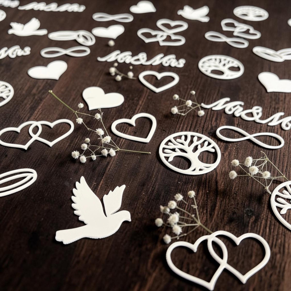 Streudeko Hochzeit 3D Druck | Tischdeko Hochzeit Herzen Ringe Mr & Mrs | Hochzeitsdeko Boho Vintage | Konfetti