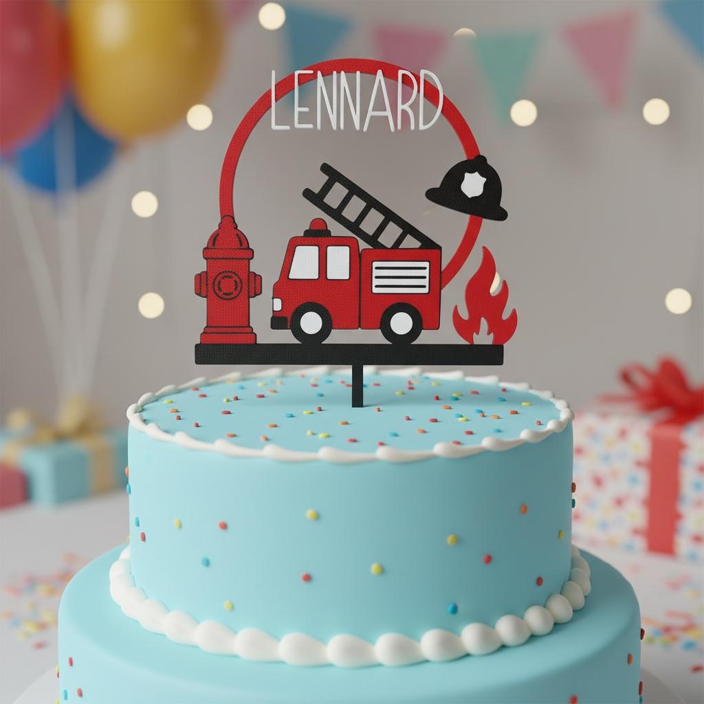 Feuerwehr Cake Topper mit Streudeko | Personalisiert mit Name | Feuerwehr Kindergeburtstag | 3D Druck | Tortendeko | Geb