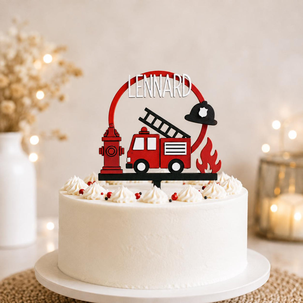 Feuerwehr Cake Topper mit Streudeko | Personalisiert mit Name | Feuerwehr Kindergeburtstag | 3D Druck | Tortendeko | Geb