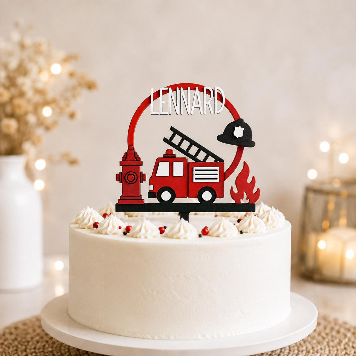 Feuerwehr Cake Topper mit Streudeko | Personalisiert mit Name | Feuerwehr Kindergeburtstag | 3D Druck | Tortendeko | Geb