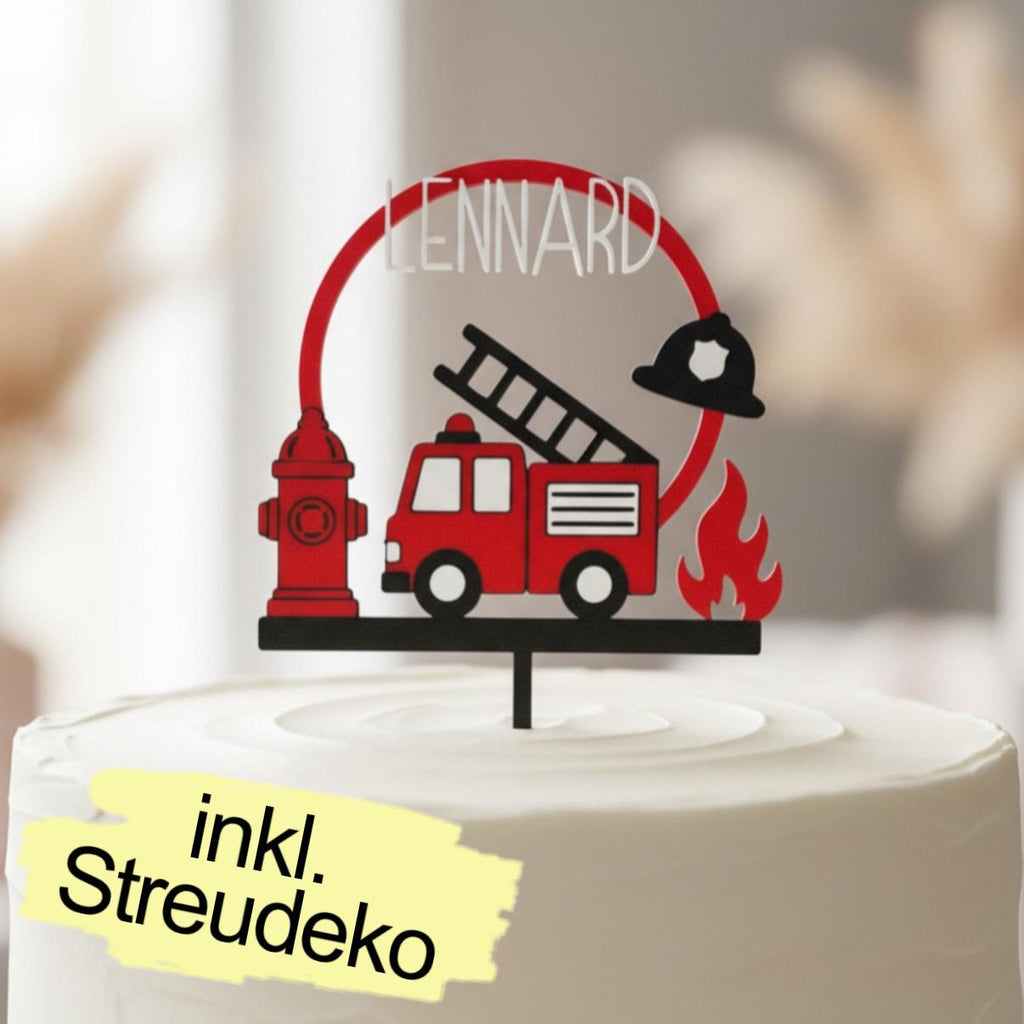 Feuerwehr Cake Topper mit Streudeko | Personalisiert mit Name | Feuerwehr Kindergeburtstag | 3D Druck | Tortendeko | Geb