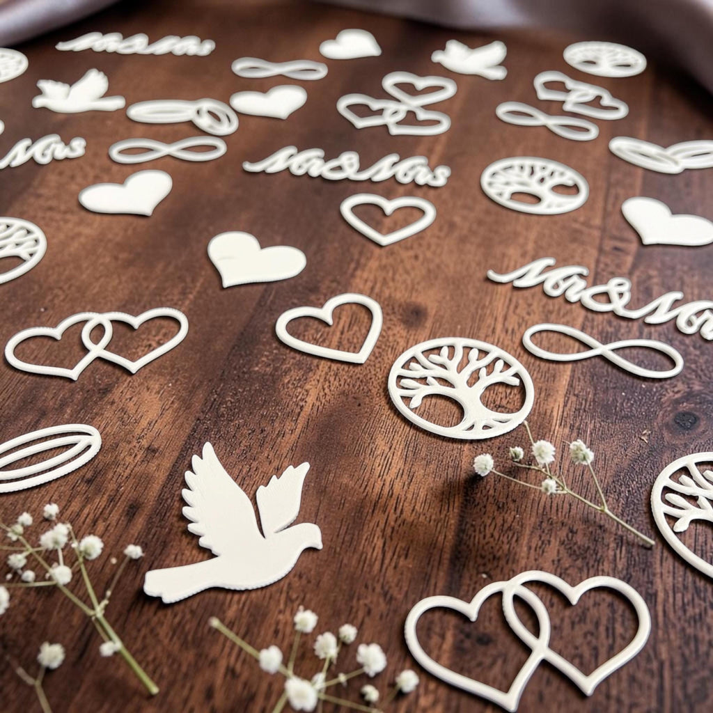Streudeko Hochzeit 3D Druck | Tischdeko Hochzeit Herzen Ringe Mr & Mrs | Hochzeitsdeko Boho Vintage | Konfetti