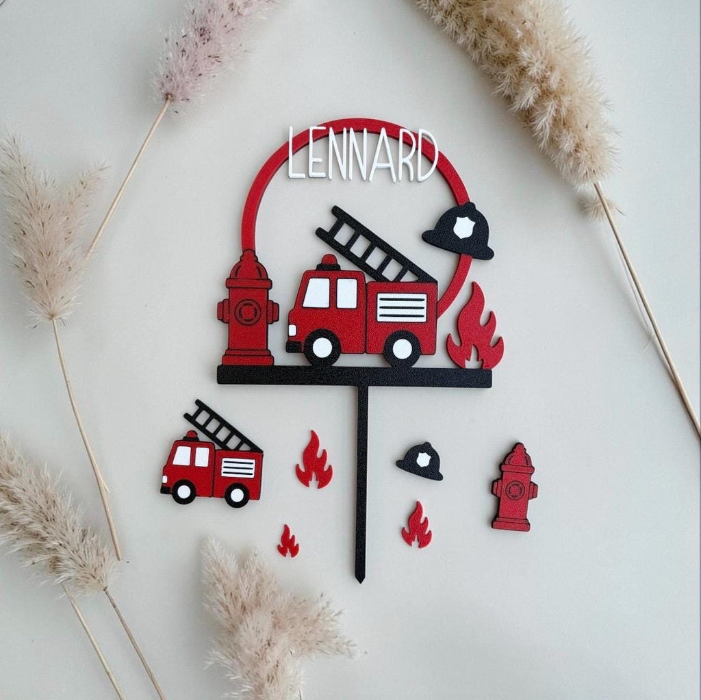 Feuerwehr Cake Topper mit Streudeko | Personalisiert mit Name | Feuerwehr Kindergeburtstag | 3D Druck | Tortendeko | Geb
