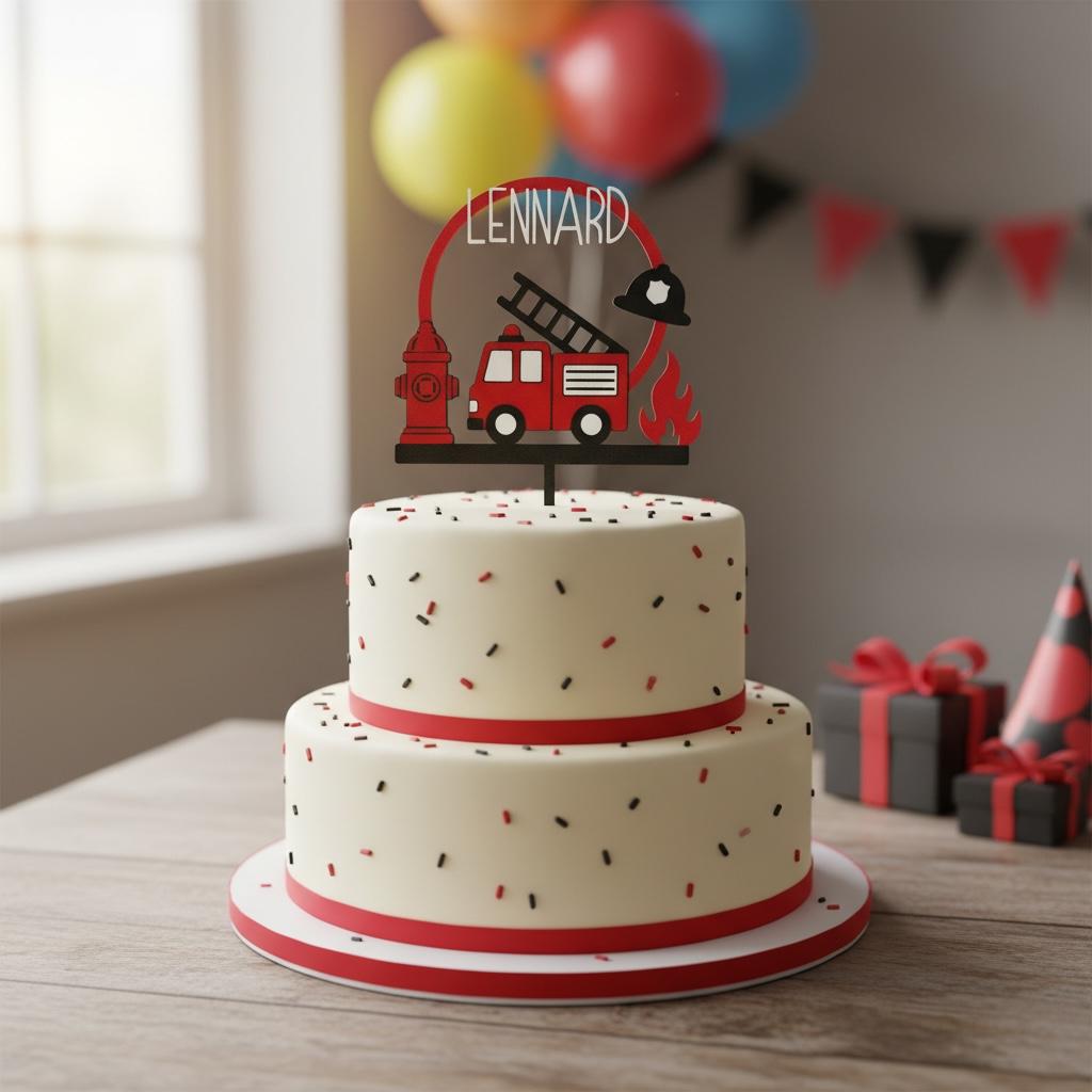 Feuerwehr Cake Topper mit Streudeko | Personalisiert mit Name | Feuerwehr Kindergeburtstag | 3D Druck | Tortendeko | Geb