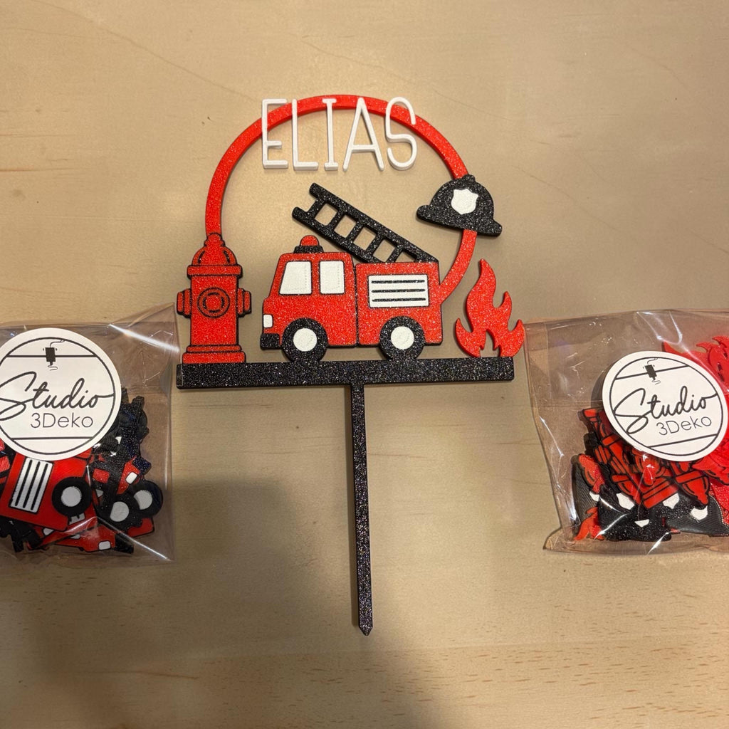 Feuerwehr Cake Topper mit Streudeko | Personalisiert mit Name | Feuerwehr Kindergeburtstag | 3D Druck | Tortendeko | Geb