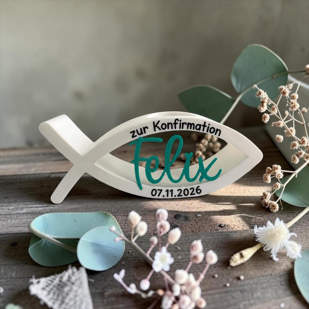 Personalisierter Kerzenhalter für Konfirmation | Kerzenhalter mit Daten | Geschenkidee | 3D/UV-Druck