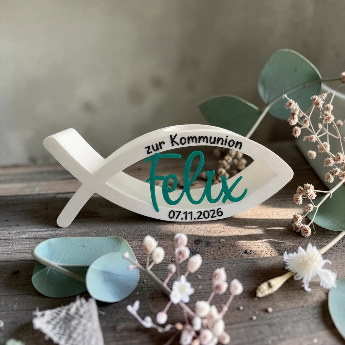 Personalisierter Kerzenhalter für Kommunion | Kerzenhalter mit Daten | Geschenkidee | 3D/UV-Druck