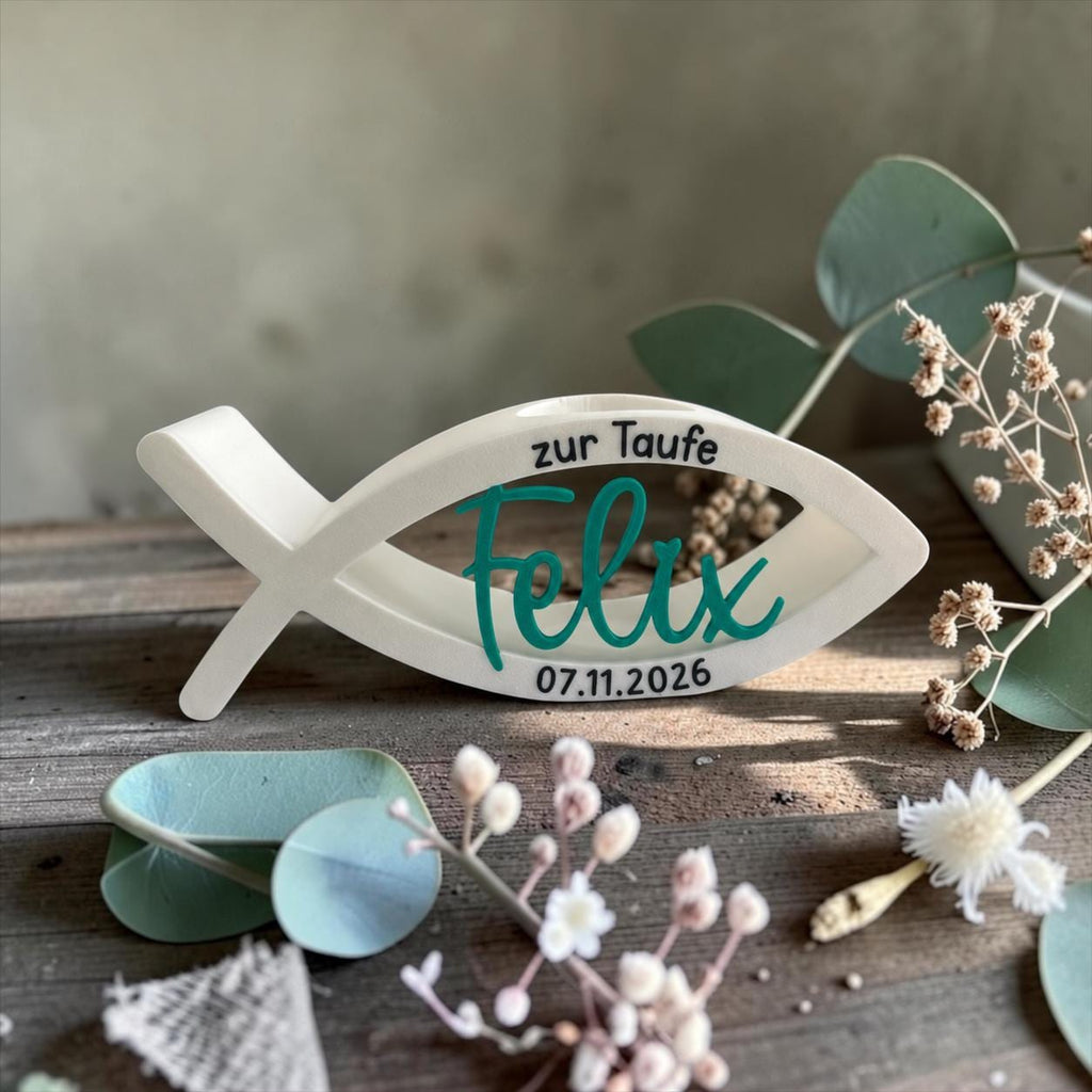 Personalisierter Kerzenhalter für Taufe | Kerzenhalter mit Daten | Geschenkidee | 3D/UV-Druck