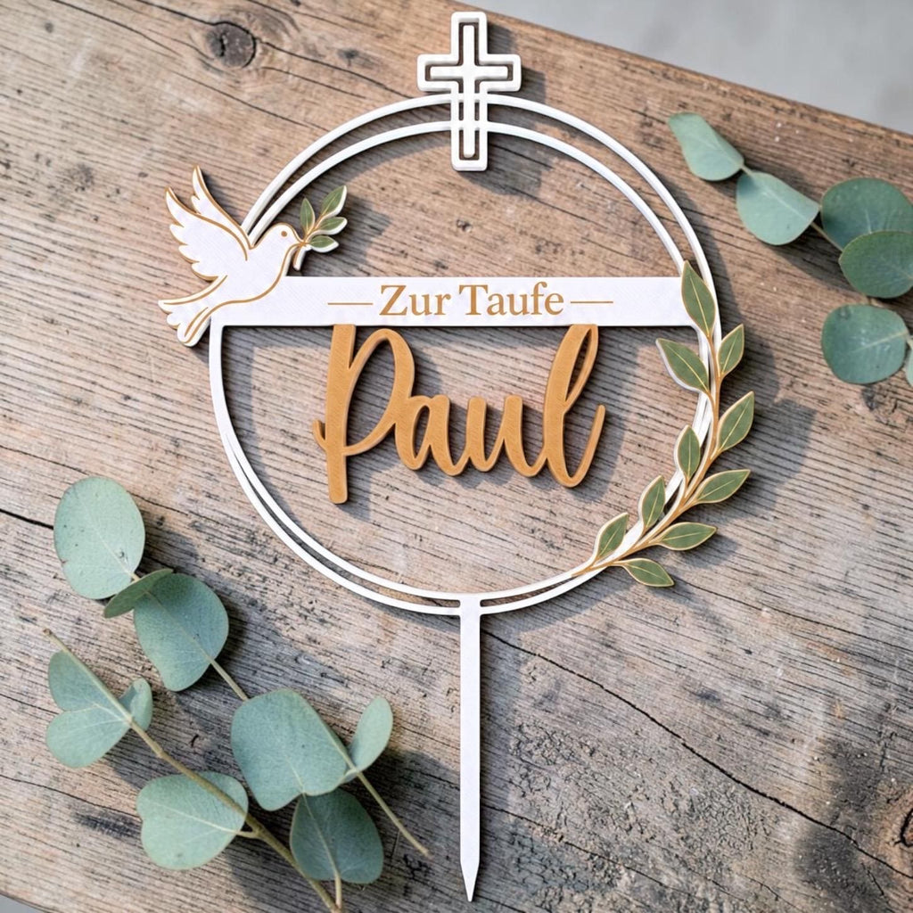 Cake Topper Taufe | personalisiert mit Name | Tortenstecker mit Taube | Kreuz und Olivenzweig | christliche Tortendeko