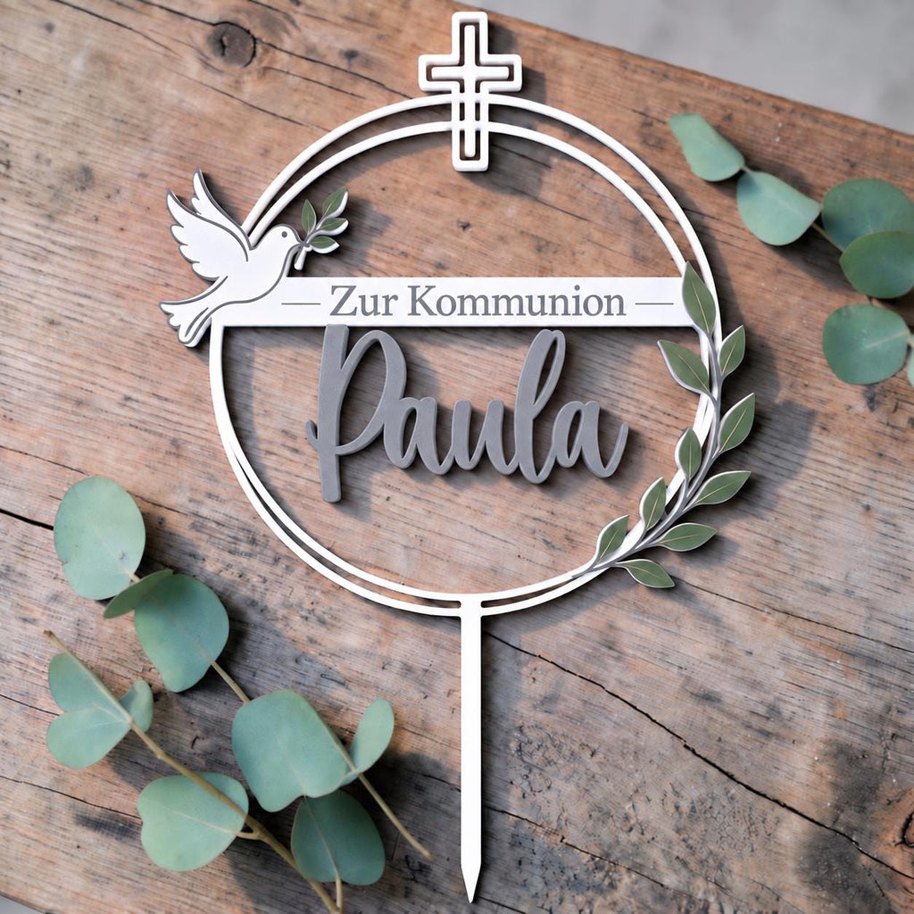 Cake Topper zur Kommunion | personalisiert mit Name | Tortenstecker mit Taube | Kreuz und Olivenzweig | christliche Tort