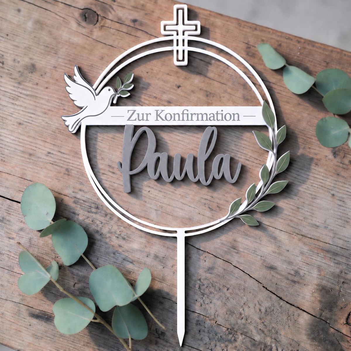 Cake Topper Konfirmation | personalisiert mit Name | Tortenstecker mit Taube | Kreuz und Olivenzweig | christliche Torte