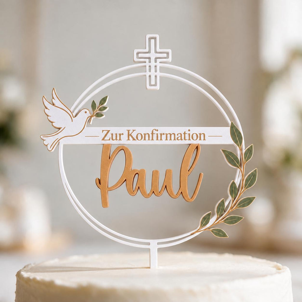 Cake Topper Konfirmation | personalisiert mit Name | Tortenstecker mit Taube | Kreuz und Olivenzweig | christliche Torte