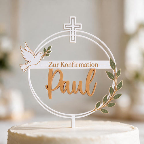 Cake Topper Konfirmation | personalisiert mit Name | Tortenstecker mit Taube | Kreuz und Olivenzweig | christliche Torte