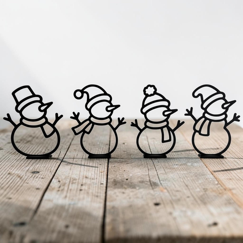 Schneemann Deko 4er Set, 3D gedruckte Weihnachtsdeko, Schneemänner für Regal und Fensterbank, 13 cm