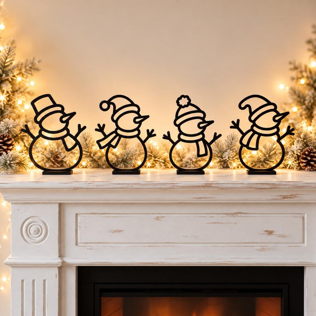 Schneemann Deko 4er Set, 3D gedruckte Weihnachtsdeko, Schneemänner für Regal und Fensterbank, 13 cm