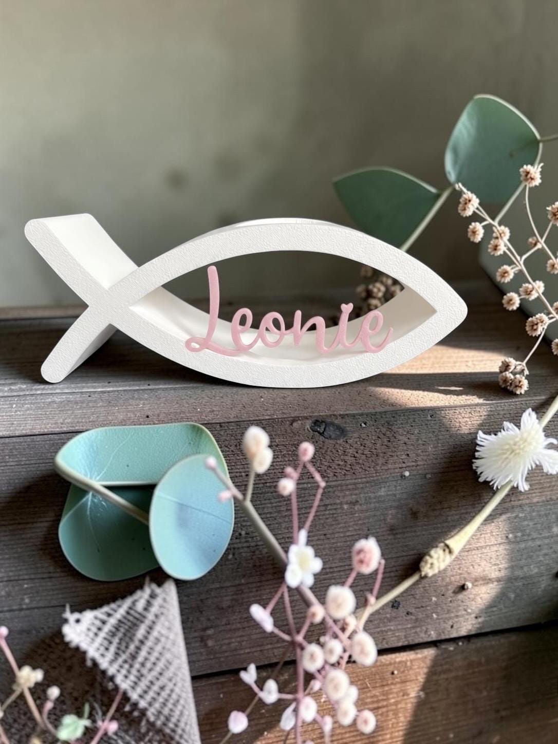 Personalisierter Kerzenhalter mit Ichthys und Name – 3D-Druck für Taufe, Kommunion & Konfirmation