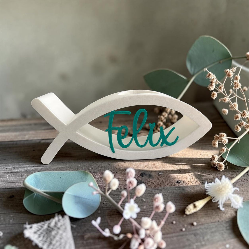 Personalisierter Kerzenhalter mit Ichthys und Name – 3D-Druck für Taufe, Kommunion & Konfirmation