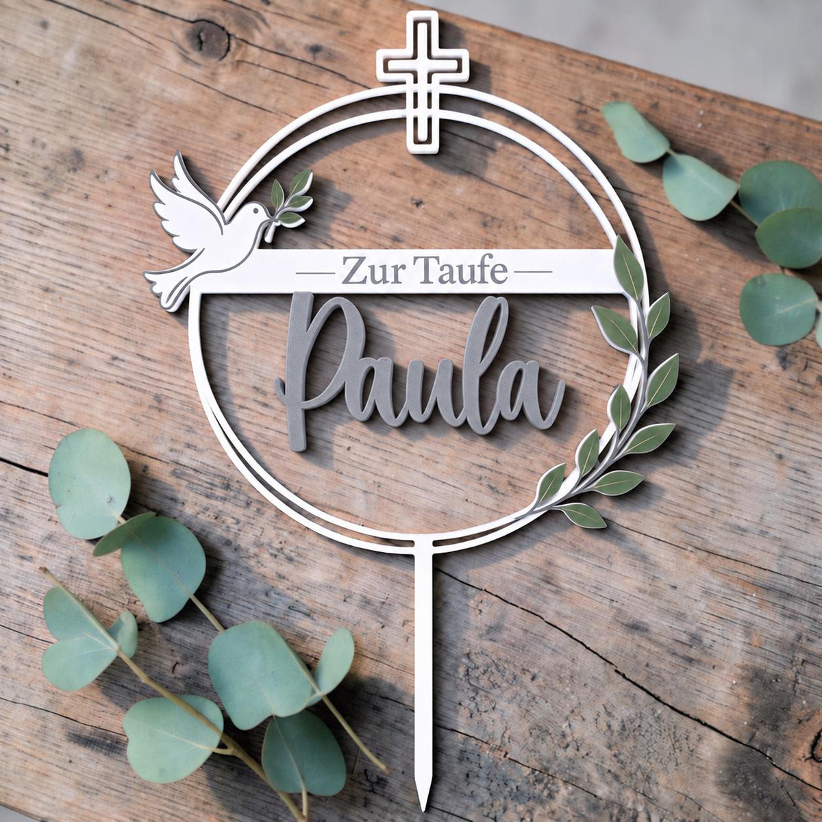 Cake Topper Taufe | personalisiert mit Name | Tortenstecker mit Taube | Kreuz und Olivenzweig | christliche Tortendeko
