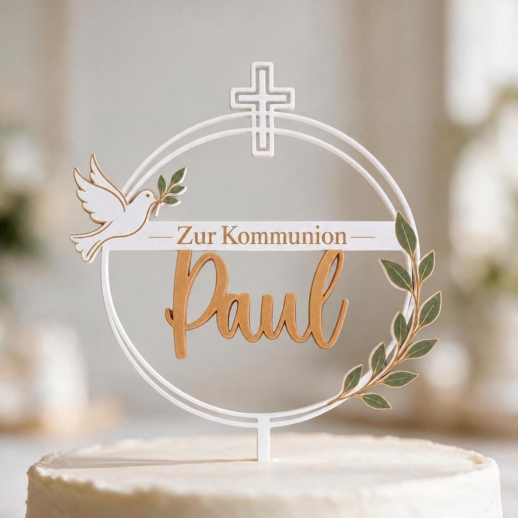 Cake Topper zur Kommunion | personalisiert mit Name | Tortenstecker mit Taube | Kreuz und Olivenzweig | christliche Tort