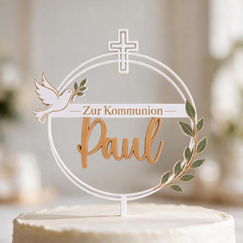 Cake Topper zur Kommunion | personalisiert mit Name | Tortenstecker mit Taube | Kreuz und Olivenzweig | christliche Tort