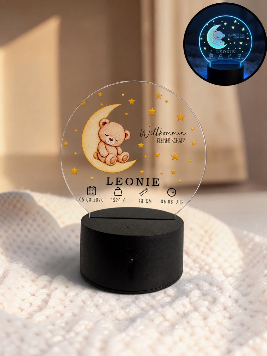 Personalisiertes LED Nachtlicht zur Geburt mit Namen und Geburtsdaten, Acryl Lampe mit Tier auf dem Mond, Babygeschenk f