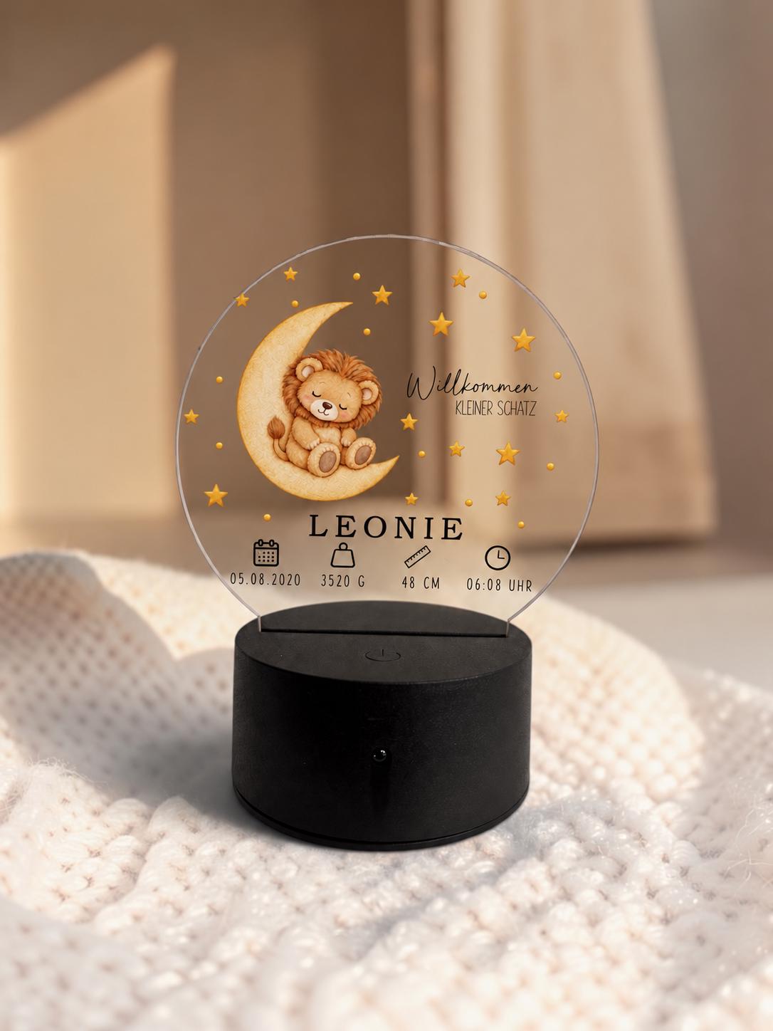 Personalisiertes LED Nachtlicht zur Geburt mit Namen und Geburtsdaten, Acryl Lampe mit Tier auf dem Mond, Babygeschenk f