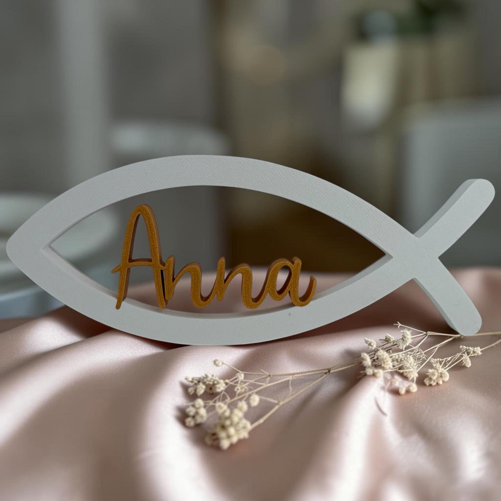 Personalisierter Fisch mit Name zur Taufe, Kommunion & Konfirmation | Christliche Tischdeko aus 3D-Druck